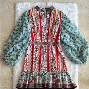 Floral Long Sleeve Dress with Red and Blue Accents